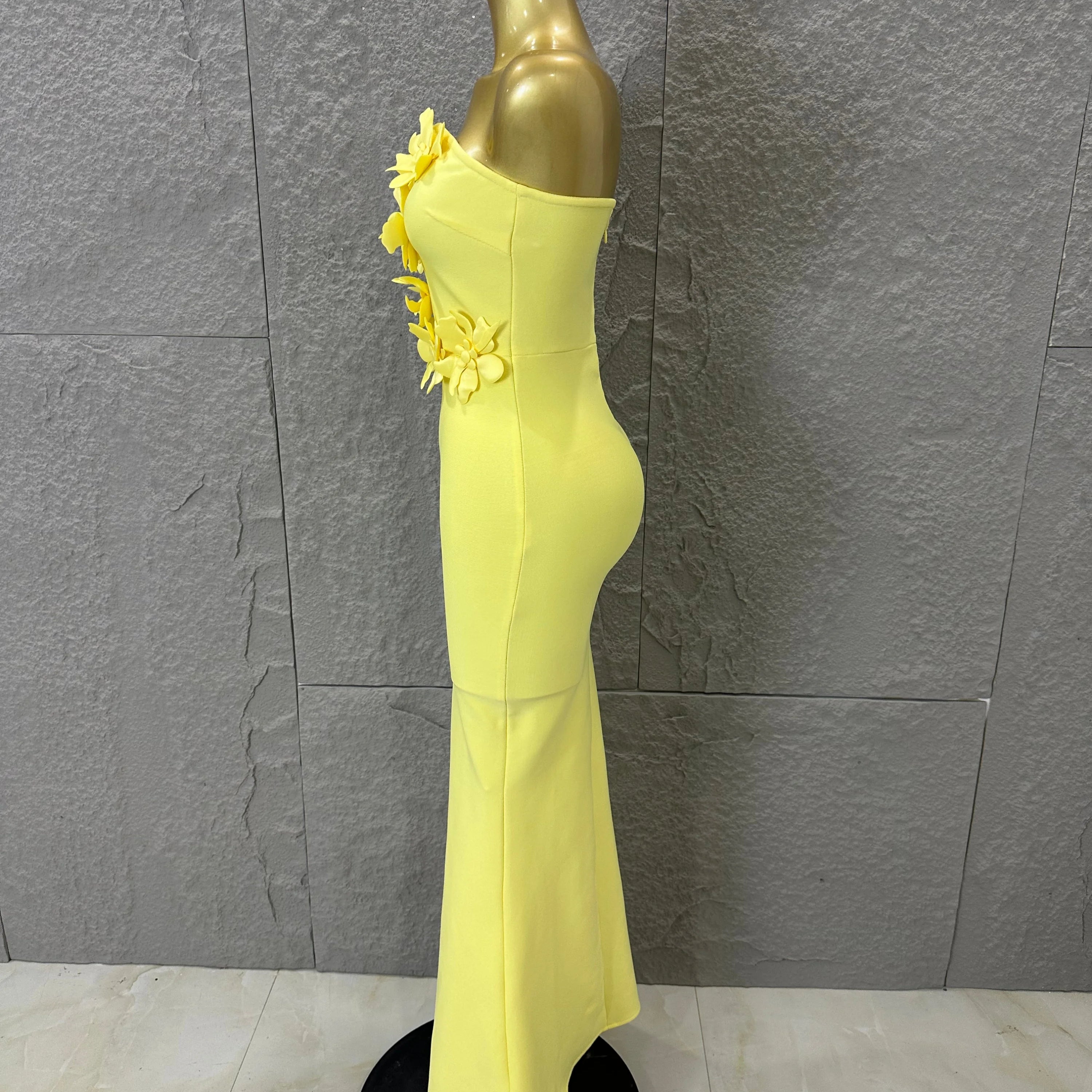 Elegant Yellow Strapless Sweetheart Neck Mermaid Dress 3D Flower Fitted Flare Hem Evening Birthday Gala Banquet Party Outfit