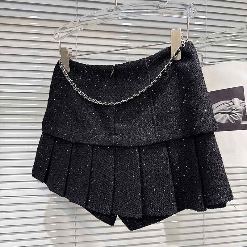 Winter New Fashion Waist Chain Tweed Pleated Skirt For Women Versatile Black Short Skirts Female Trend 11A07861