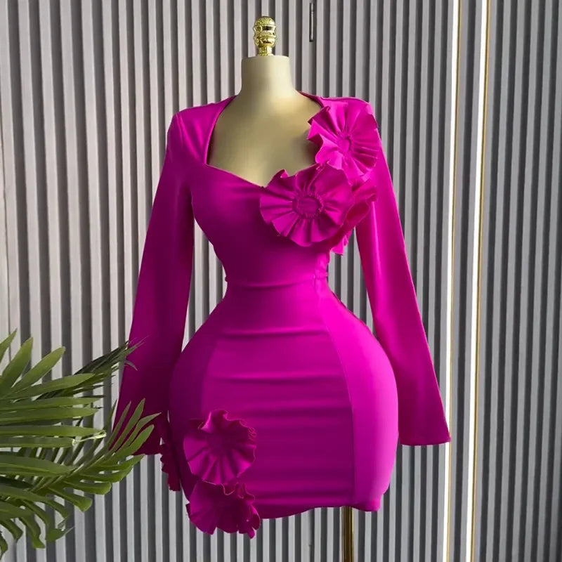 Women Strapless Mult 3D Flower Long Sleeve Bodycon Mini Dress Sexy Birthday Evening Night Party Club Vestidos Dresses Rose Red