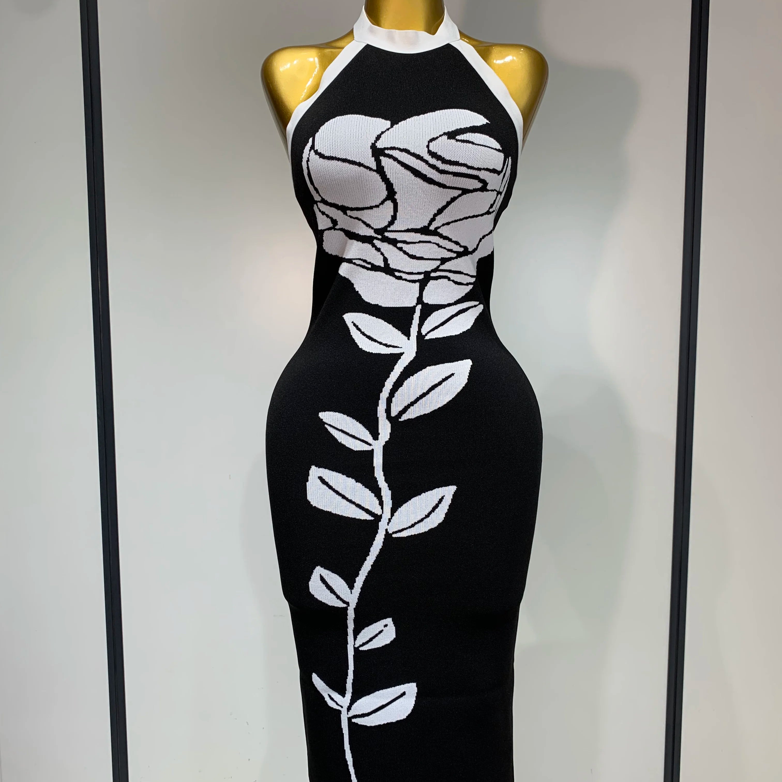 Women Fashion Celebrity Sexy Backless Rose Flower Midi Black Jacquard Bandage Dress 2025 Elegant Evening Club Party Dresses black