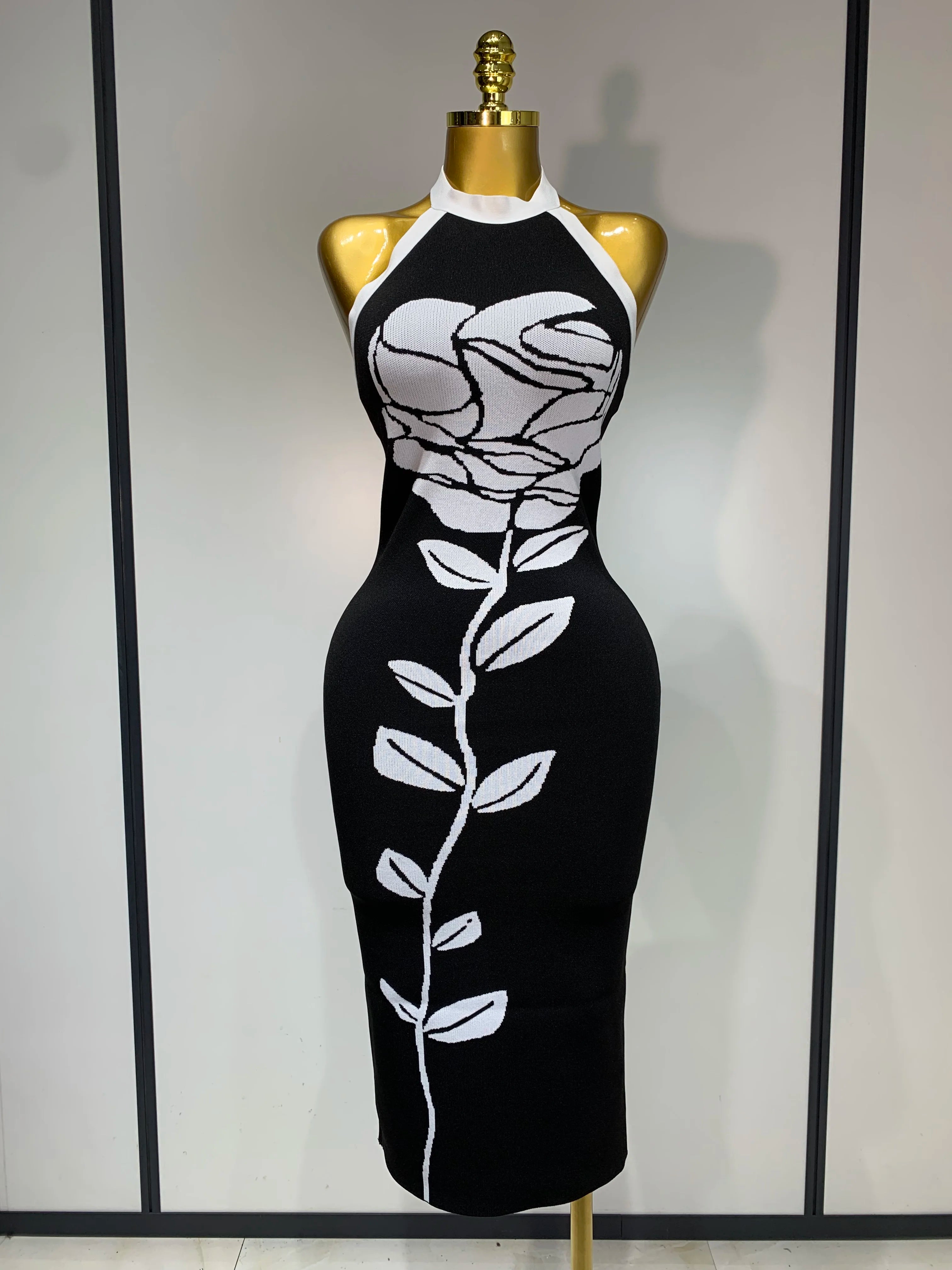 Women Fashion Celebrity Sexy Backless Rose Flower Midi Black Jacquard Bandage Dress 2025 Elegant Evening Club Party Dresses black