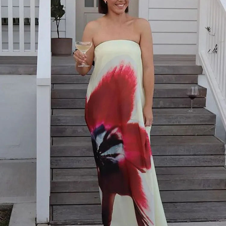 Chic Flower Printed V Neck Beach Dress For Women Fashion Sleeveless Backless Ruffles Midi Dresses 2025 Summer Lady Holiday Robes