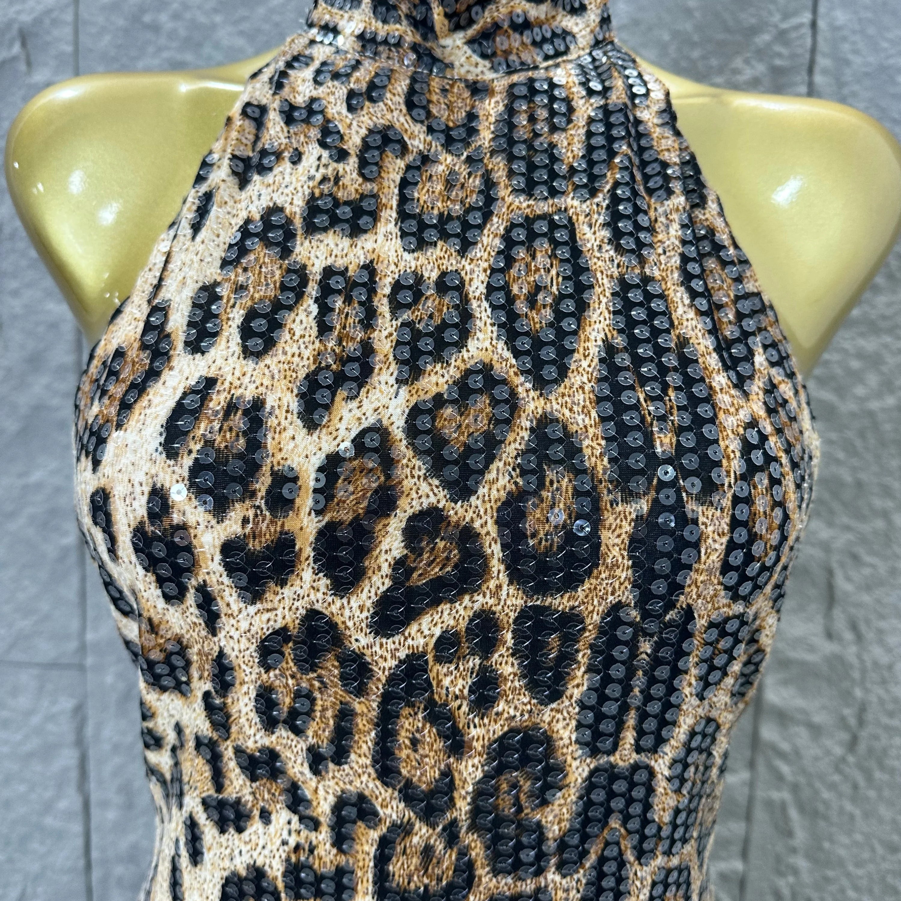 Refined Leopard Print Maxi Dress Women Sexy Halter Neck Sleeveless Sequin Embellished Bodycon Outfit Nightclub Party Costume