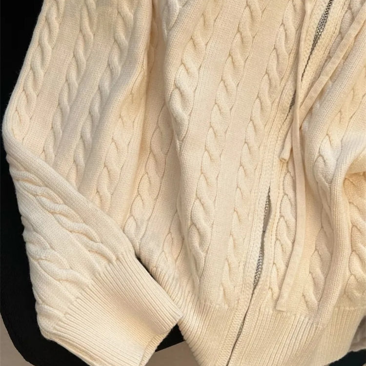 Vintage Hooded Loose Knitted Cardigan Long Sleeve Zipper Tops Retro Women Spring Fall Sweater Casual New Knitwears Gilet