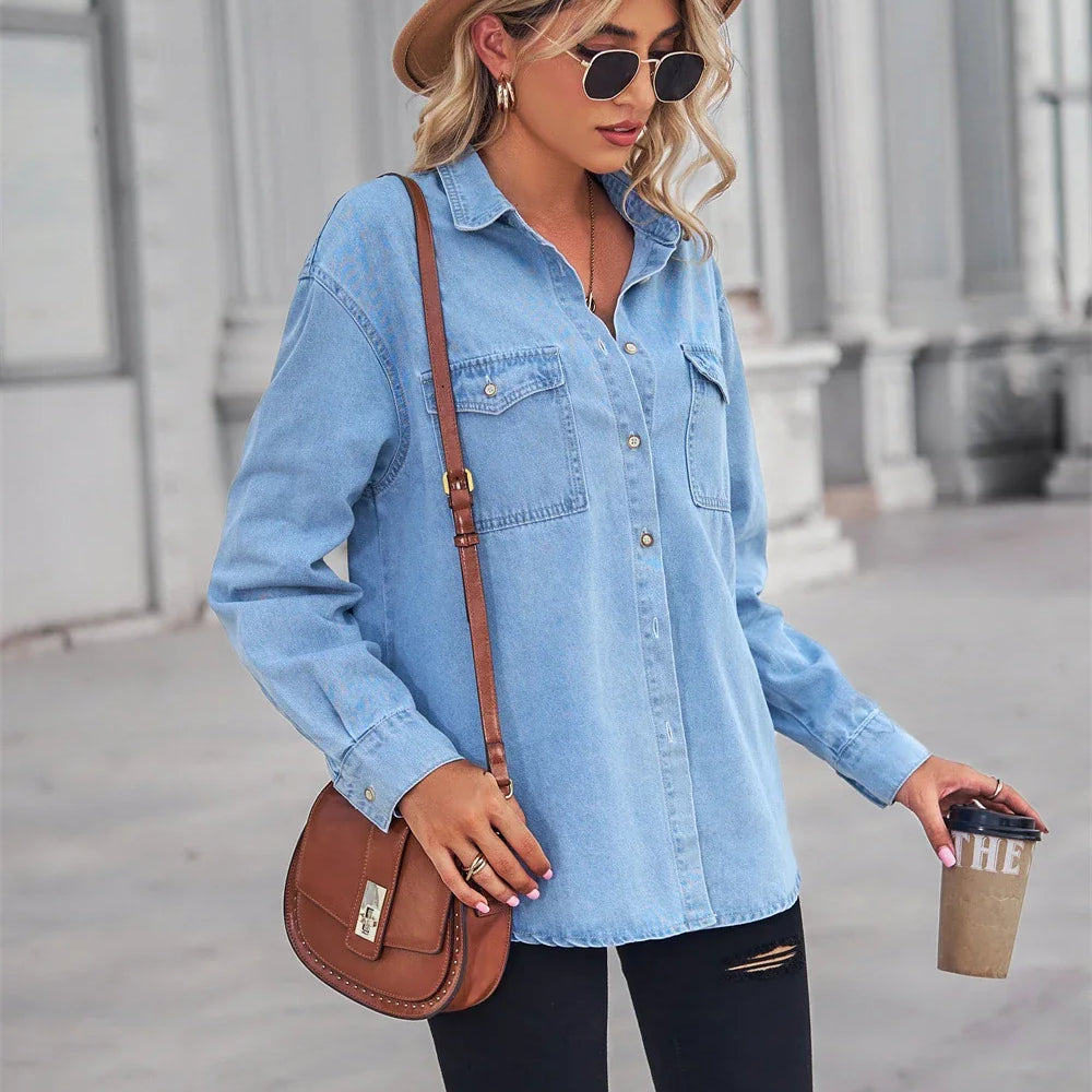 Women Button Down Denim Shirt Casual Long Sleeve V Neck Chambray Blouse Top Boyfriend Style Loose Fit Daily Wear Jean Shirts