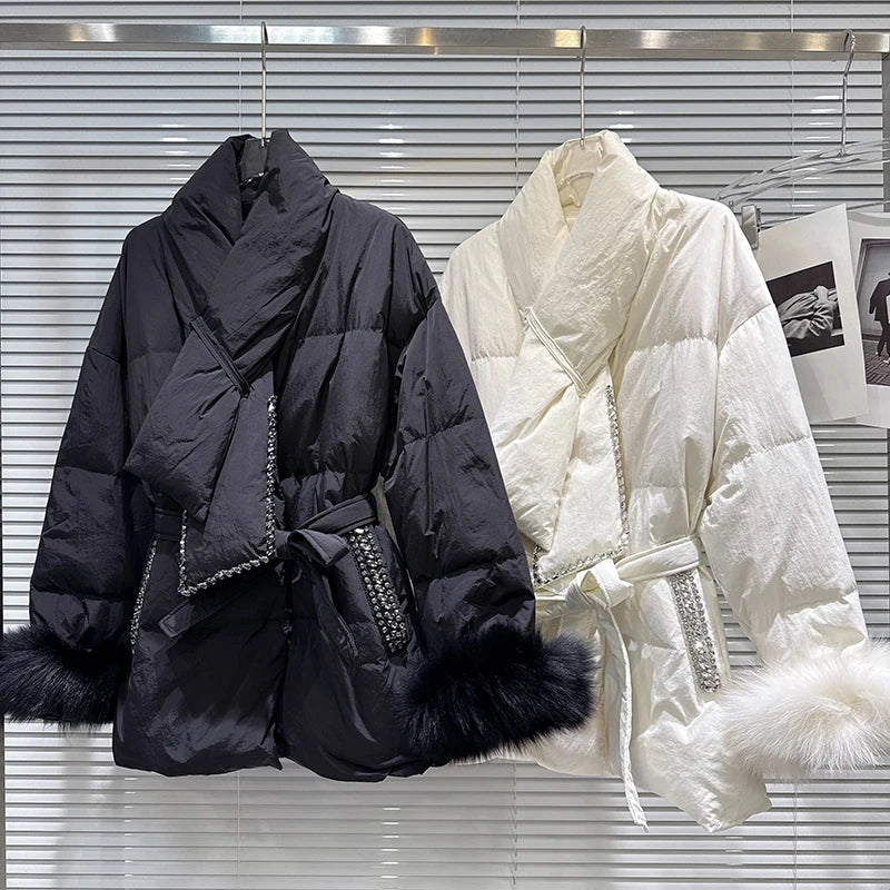 Winter New Fashionable Rhinestone Edge Furry Cuff Scarf Collar Warm Jacket For Women Loose Lace-up Waist Coat 11A07672