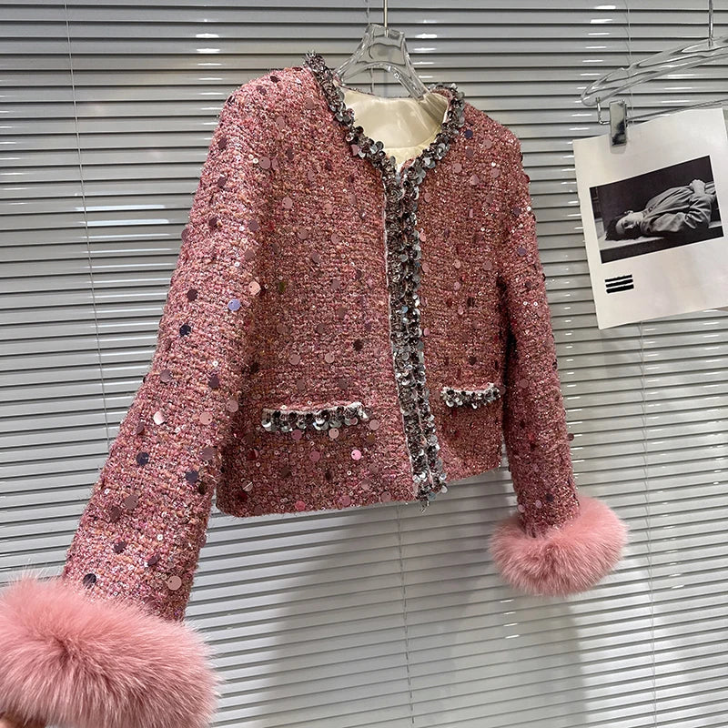 Winter New Fashion Fox Fur Sleeve Sequin Tweed Cotton Short Coat For Women Covered Button Jacket Female 11A07857
