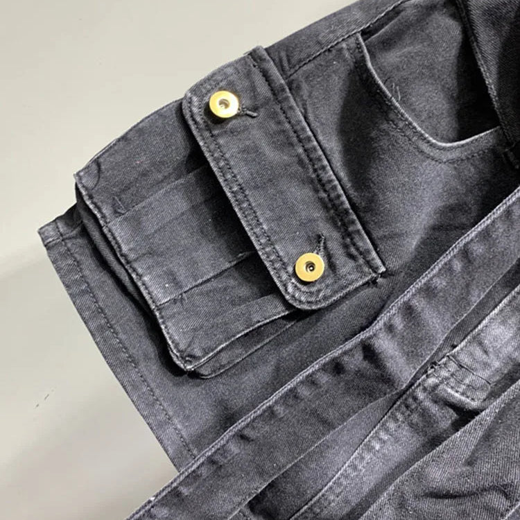 DEAT Fashion Belt Bandage Denim Mini Skirt Women Patchwork Pocket Cargo Wrap Hip Skirts Female Trend Spring New 11XX01119