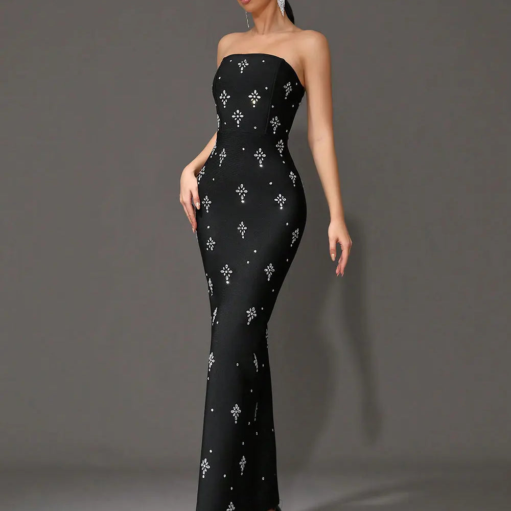 2024 Sexy Women'S Light Luxury Rhinestone Bandage Dress Strapless Sleeveless Bodycon Backless Long Dress Christmas Party Vestido