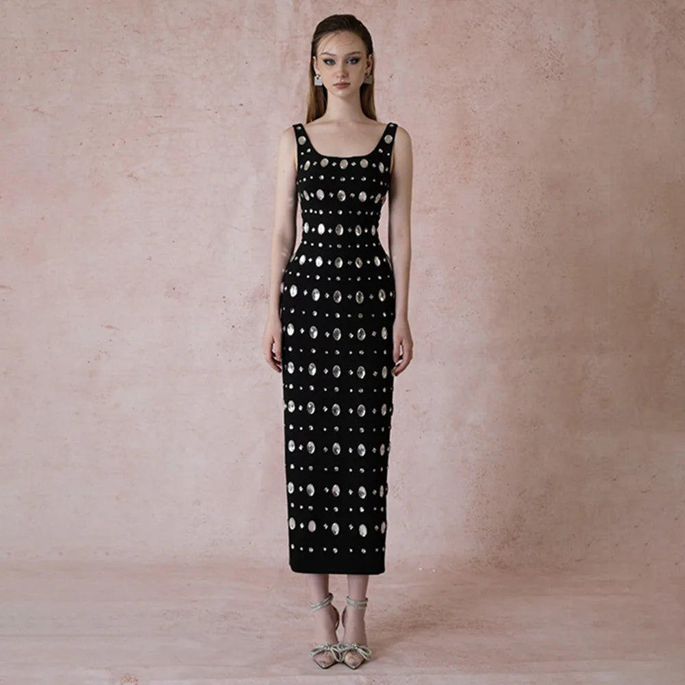 Big Crystal Women Sleeveless Sexy O-Neck Bodycon Long Bandage Dress Fashion Evening Party Cocktail Dress Vestido black