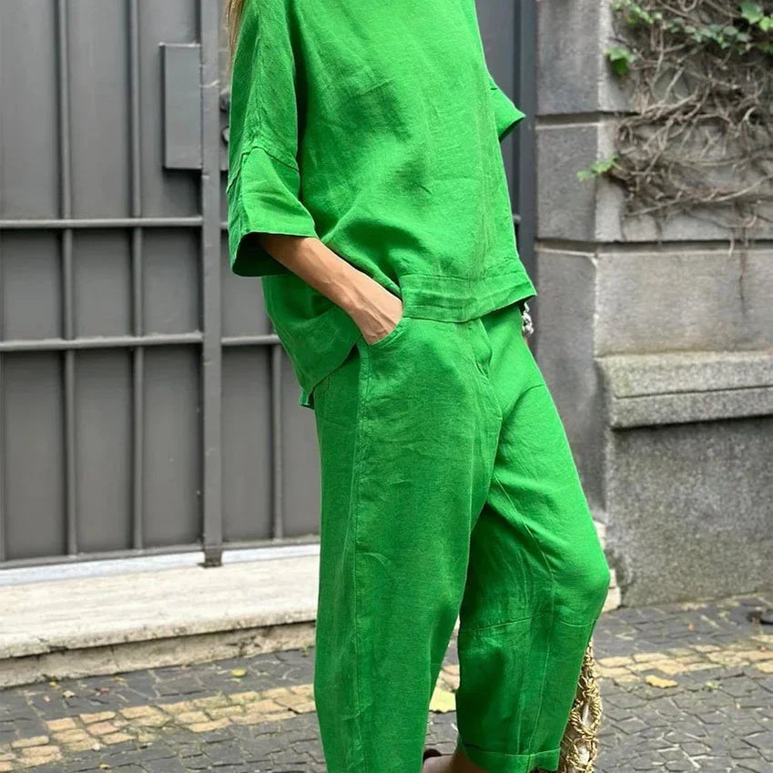 Summer Fashion New Style Matching Series Round Neck Cotton Linen Top High Waist Wide Leg Long Pants Set Plus Size Women's Wear green