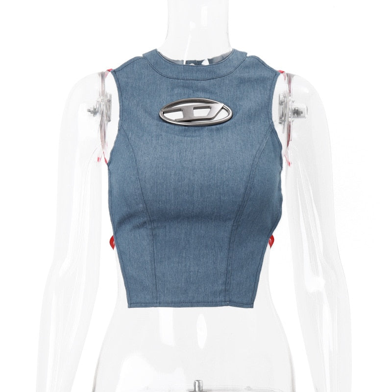 Y2k Women Blue Denim Slim Tank Top Backless Sexy Half-high Collar Crop Tops Lace-up Streetwear Irregular Corsets Vest 2024 Blue