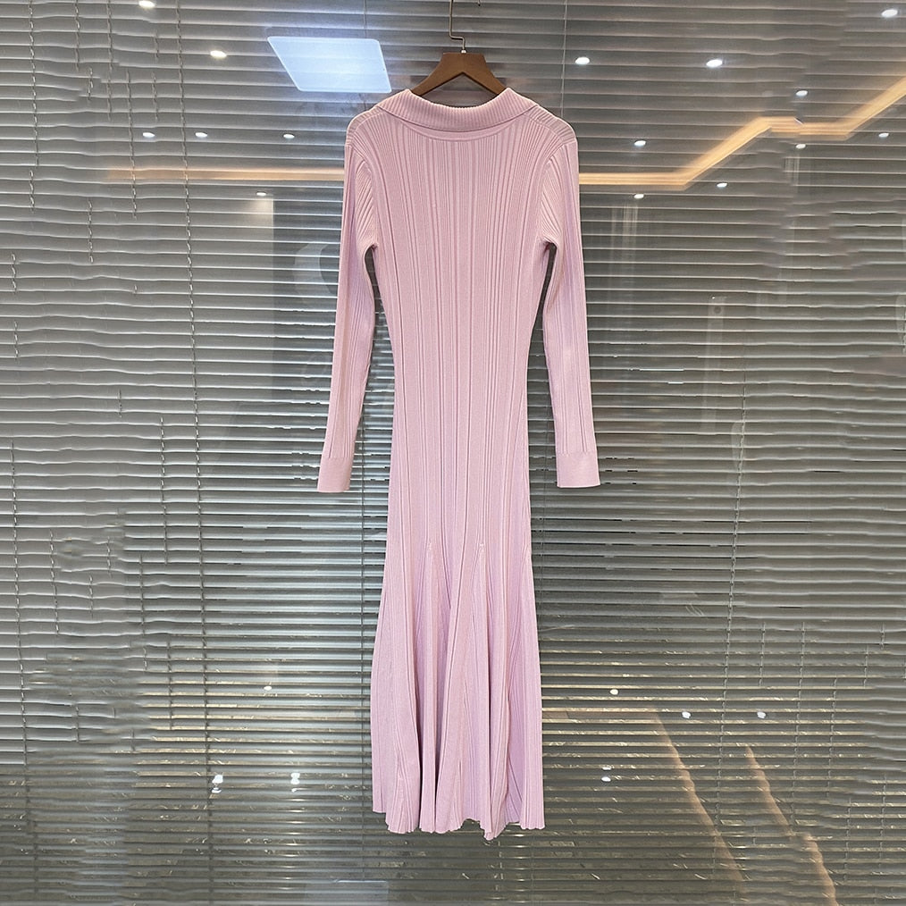 Women's pink knitted medium-length dress senior sense of fashion temperament polo collar waist-skimming long dress 2024 new