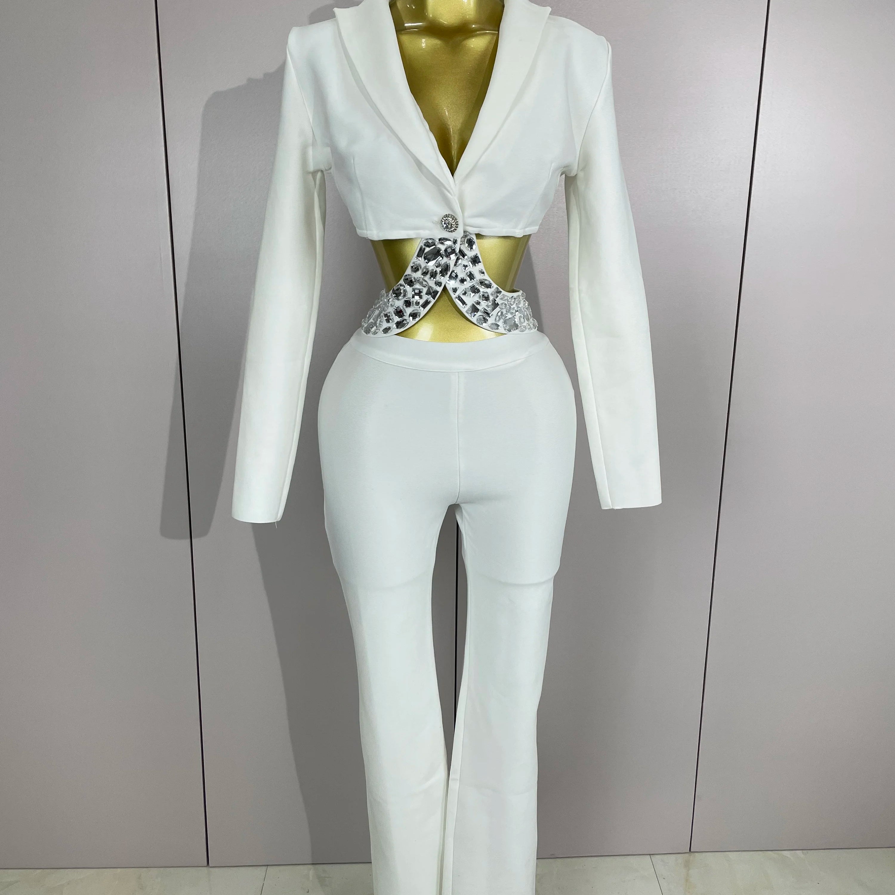 Sexy Cut Out Long Sleeve Beading Bodycon Two Pieces Pants Bandage Set Women Celebrity Designer Fashion Women Luxury Birthday Set WHITE