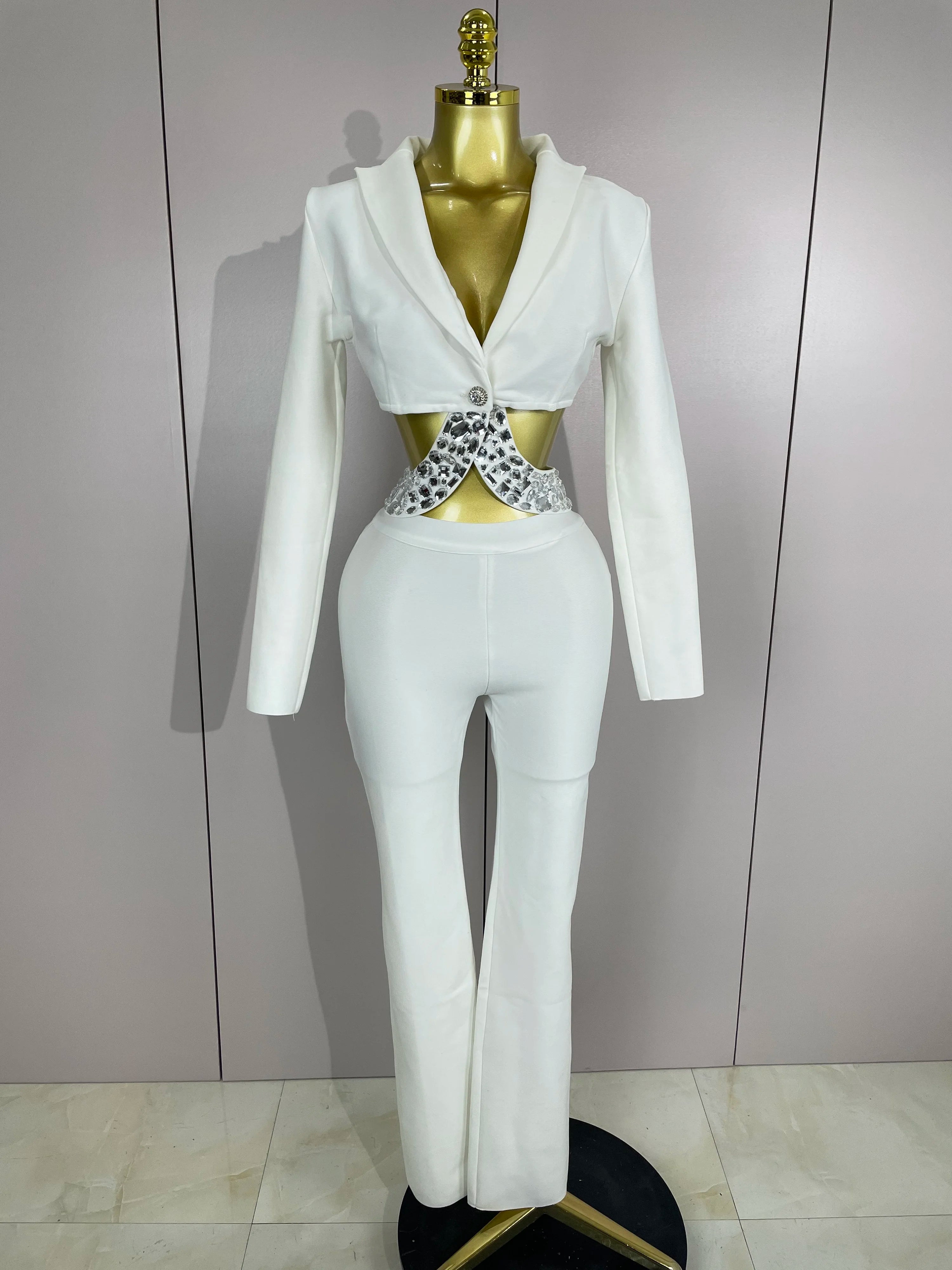Sexy Cut Out Long Sleeve Beading Bodycon Two Pieces Pants Bandage Set Women Celebrity Designer Fashion Women Luxury Birthday Set WHITE