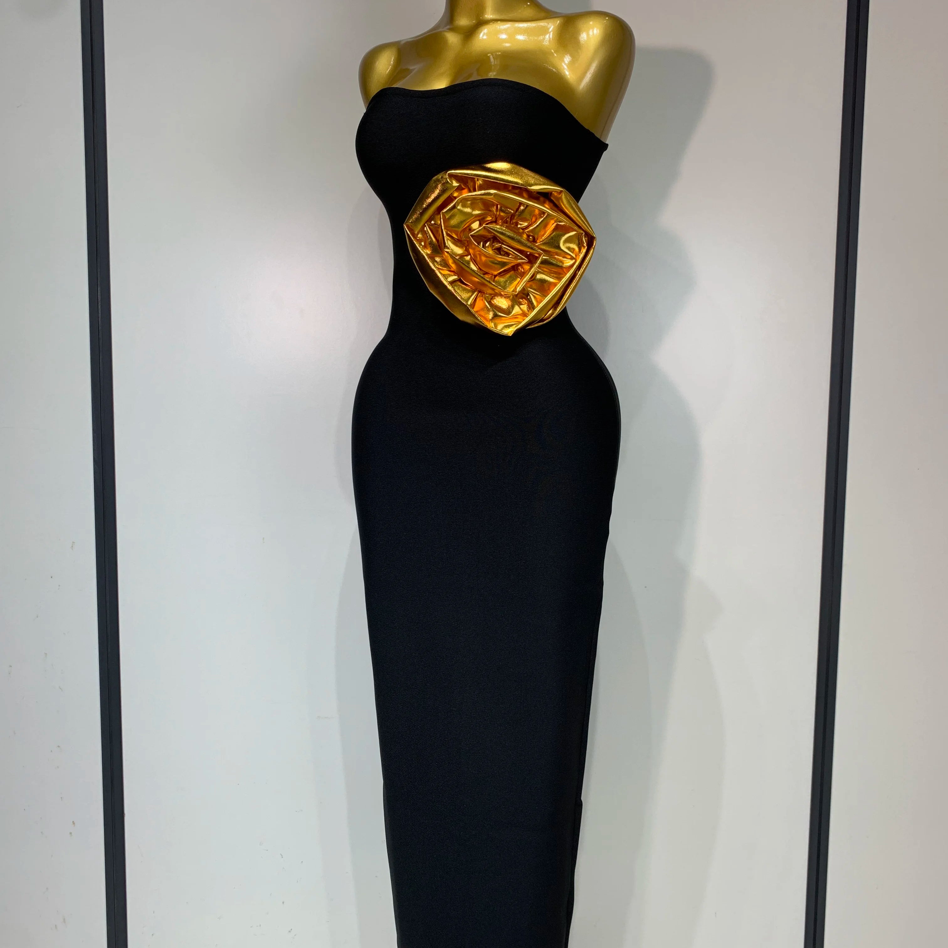 Women Luxury Bandage Bodycon Dress Designer Strapless Gold Appliques Ankle Length Elastic Celebrity Elegant Evening Party Gowns