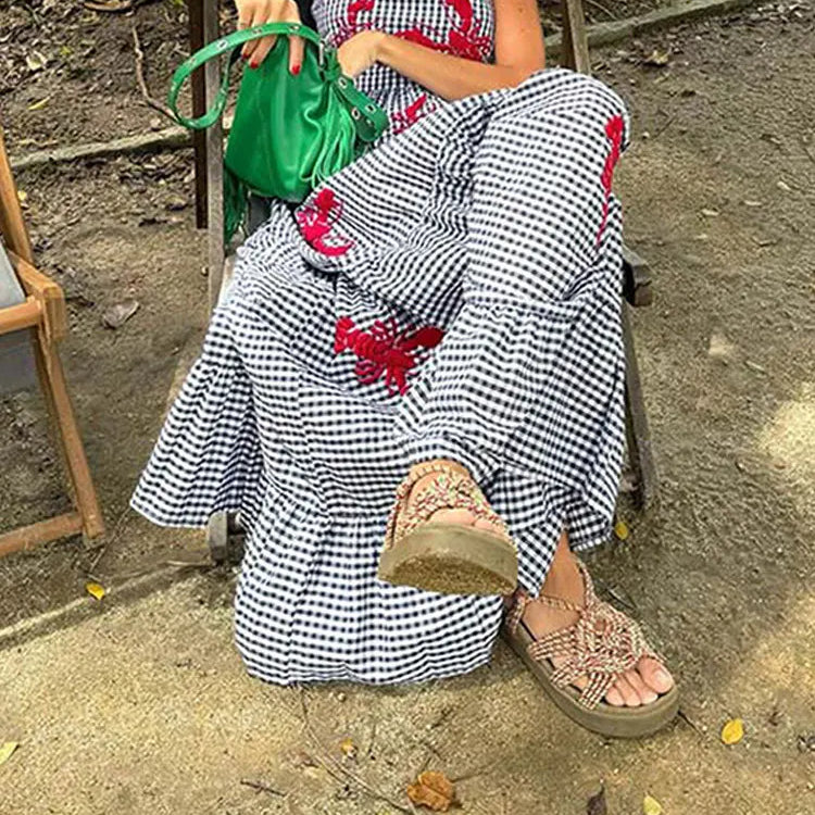Vintage Embroidery Sleeveless Maxi Dress Women Summer Plaid Print Casual Beach Vacation Party Dresses Fashion Female Vestidos