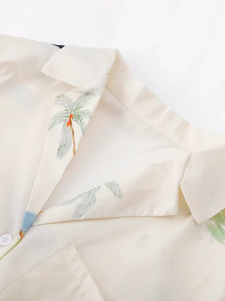 Plant Flowers Birds Printed 2 Pieces Set Women Holiday Short Sleeve Button Up V-neck Shirts Top Suit High Waist Shorts Outfits