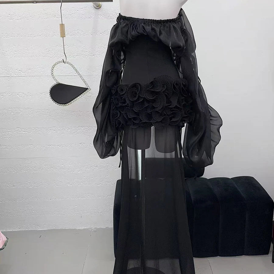 Solid Slimming Spliced Lace Up Mini Dresses for Women Slash Neck Long Sleeves Patchwork Fungus Folds Dress Female