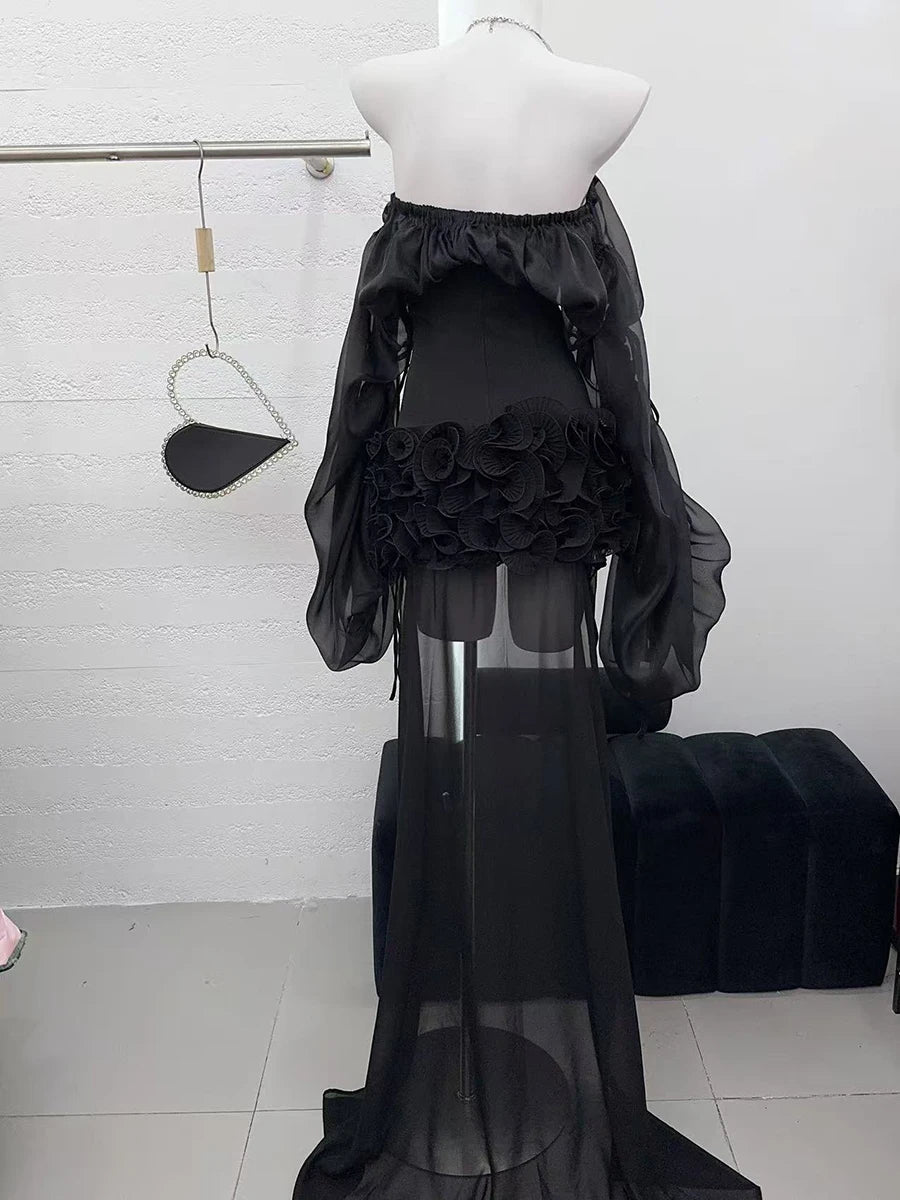 Solid Slimming Spliced Lace Up Mini Dresses for Women Slash Neck Long Sleeves Patchwork Fungus Folds Dress Female