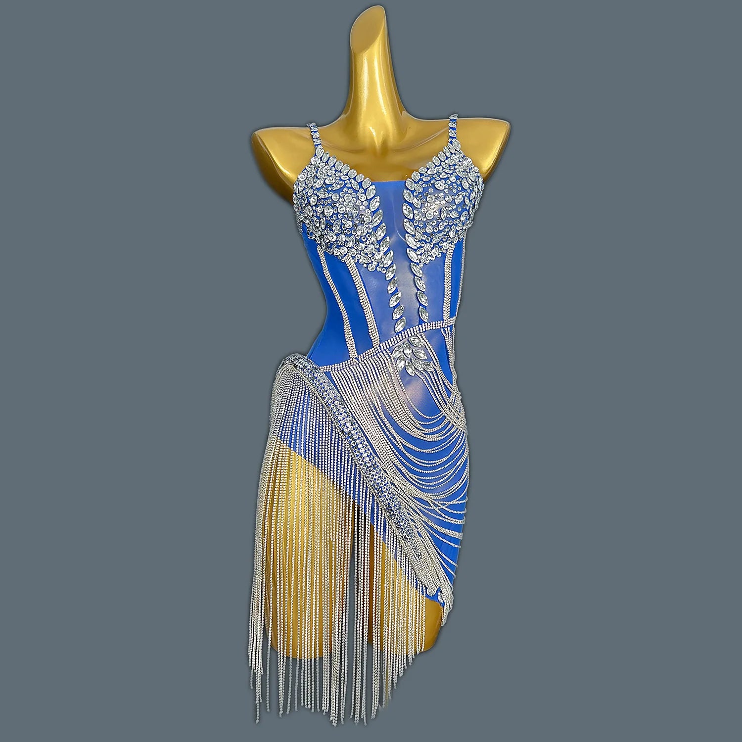 Women Shiny Blue Crystal Chain Diamonds Dress Elastic Sexy Mini Night Club Performance Costume Birthday Party Dress Tassel Liehu Blue