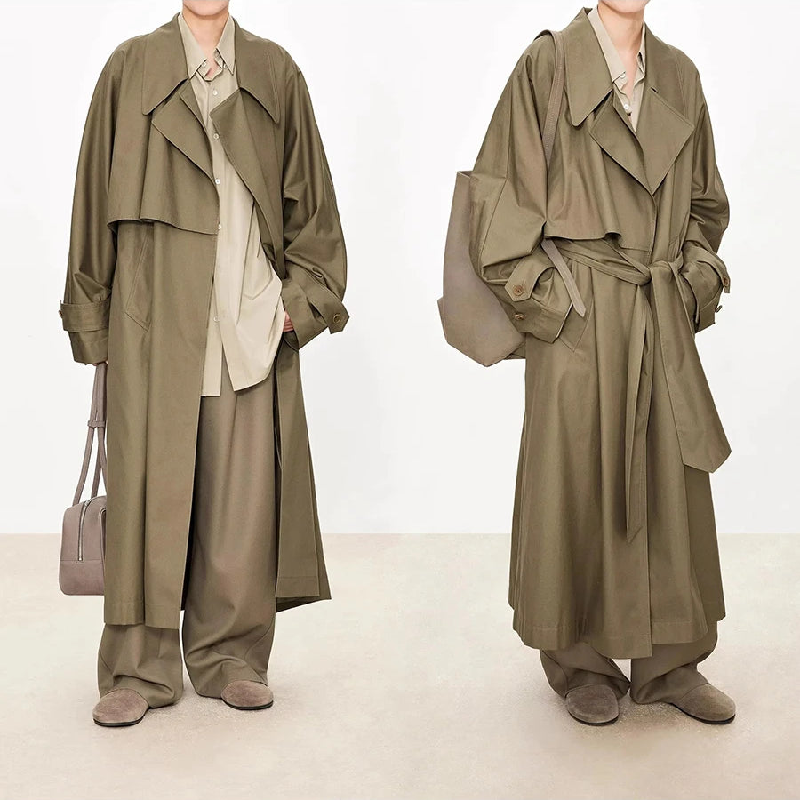 Lautaro Spring Autumn Oversized Khaki Flowy Long Trench Coat for Women Sashes Luxury Loose Casual Korean Fashion Overcoat 2025