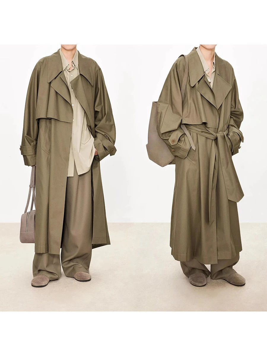 Lautaro Spring Autumn Oversized Khaki Flowy Long Trench Coat for Women Sashes Luxury Loose Casual Korean Fashion Overcoat 2025