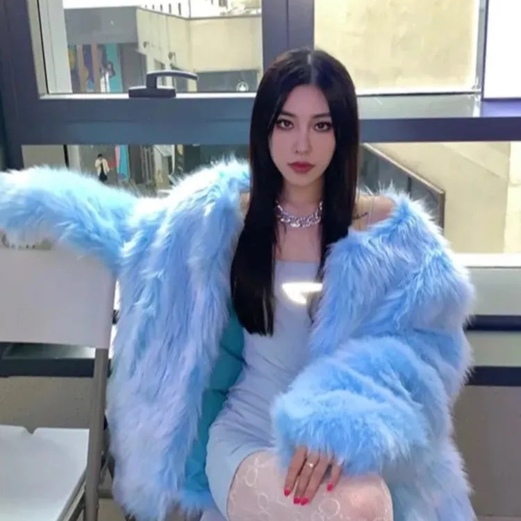 Super Hot Women's winter coats Elegant Blue Faux Fur Coats Female clothing Long Sleeve Thick Warm Outerwears Lady Oversize