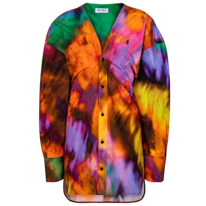 DEAT Fashion Women's Shirt Dress V-neck Loose Tie Dye Long Sleeve Single Breasted Waist Mini Dresses Spring New WR36309 Picture Color