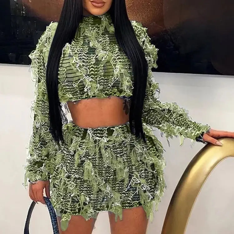 Weird Puss See Through Patchwork Women 2 Piece Set Elastic Tassel Thin Crop Tops+Skinny Skirts Matching Midnight Party Clubwear green