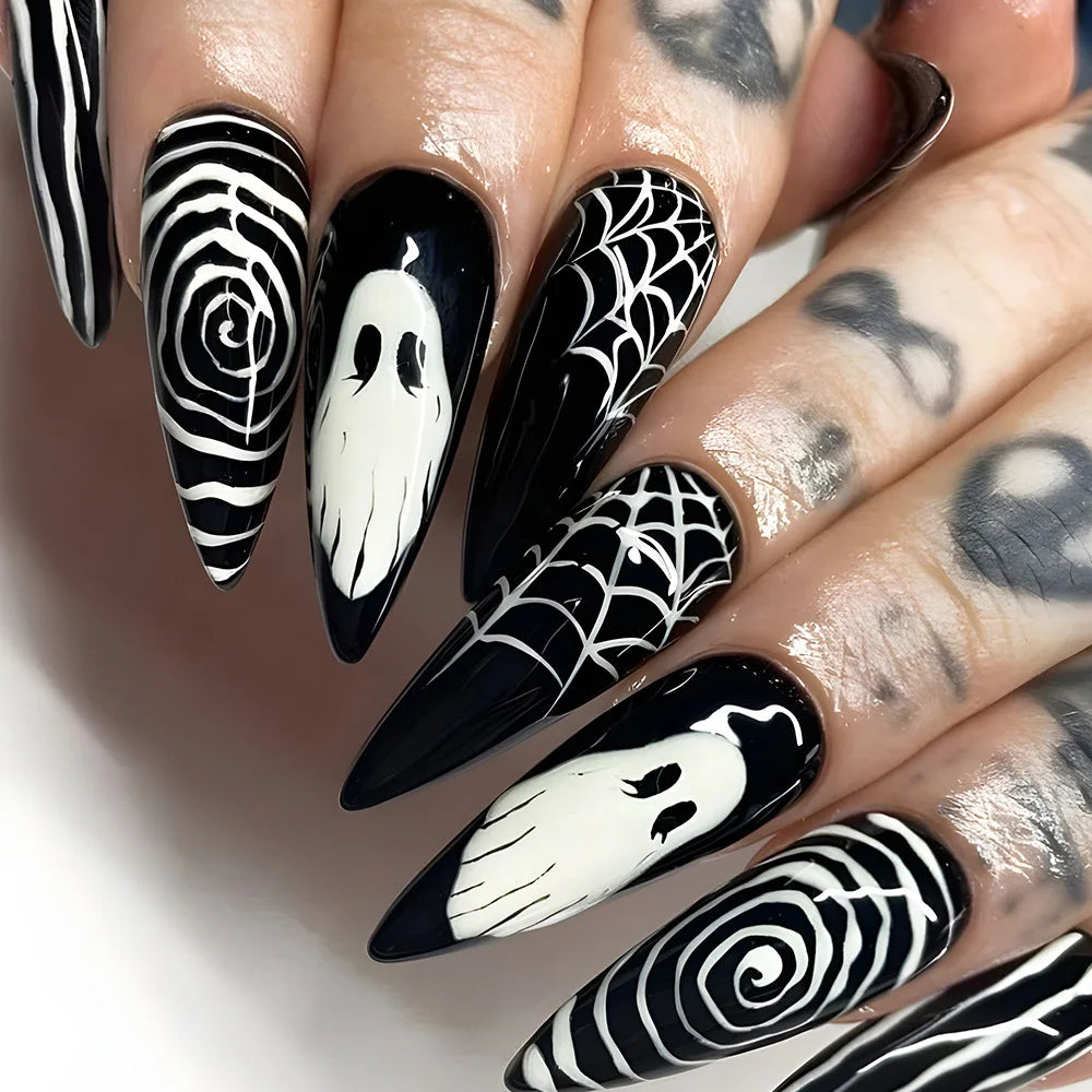 24pcs Black Bat Printed Fake Nails Halloween White Ghost Pattern False Nails for Women Wearable European Almond Press on Nails 3