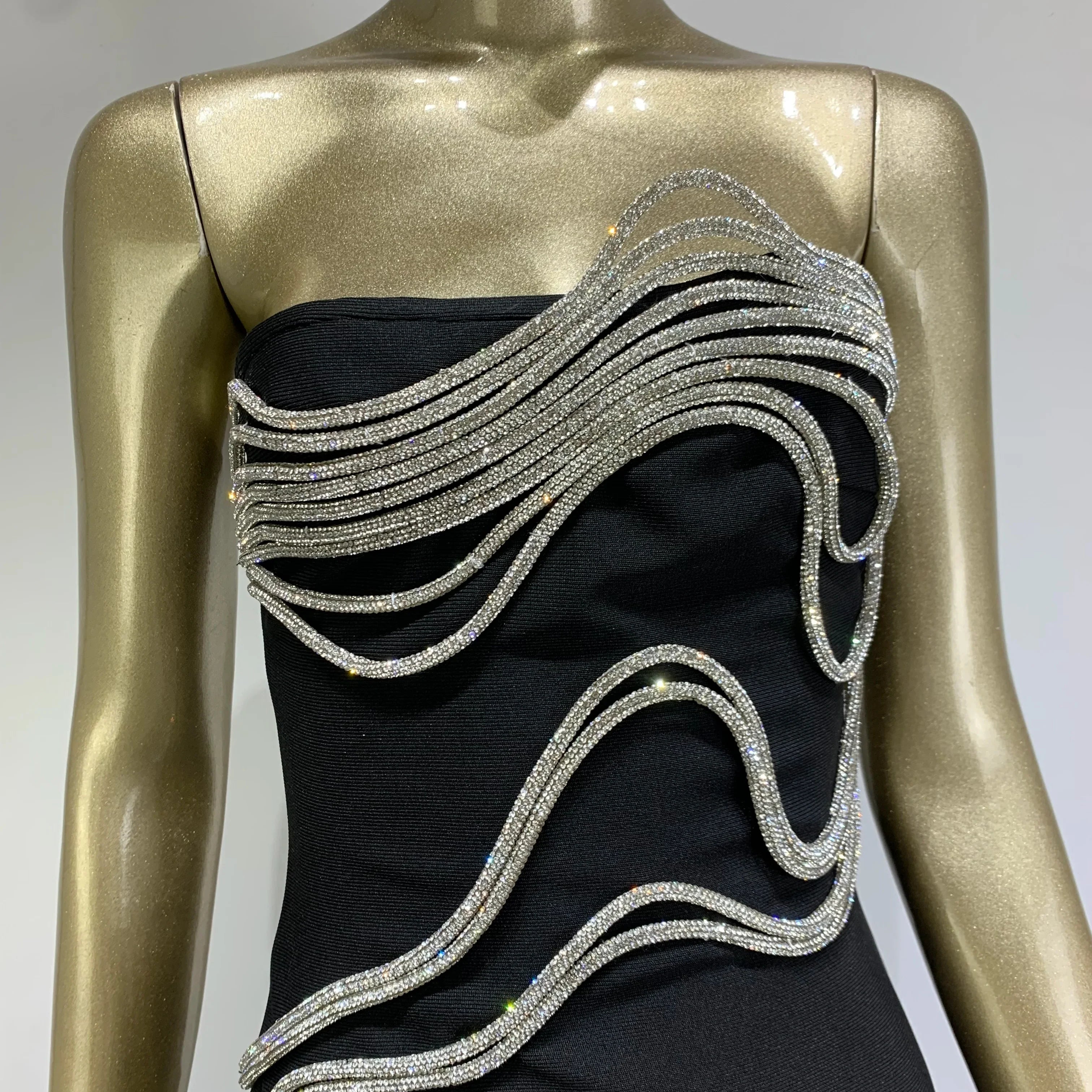 Women Celebrity Sexy Strapless Backless Diamonds Black Maxi Long Bodycon Bandage Dress Elegant Evening Club Party Dress