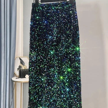 French High-waisted Slim Skirt High-quality Shiny All-match Mid-length Thickened Hip Skirt Split Black Sequin Skirt Women change green