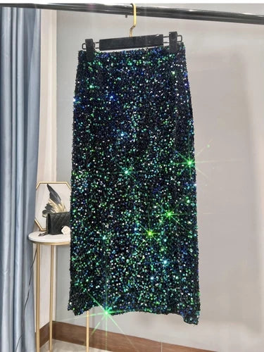 French High-waisted Slim Skirt High-quality Shiny All-match Mid-length Thickened Hip Skirt Split Black Sequin Skirt Women change green