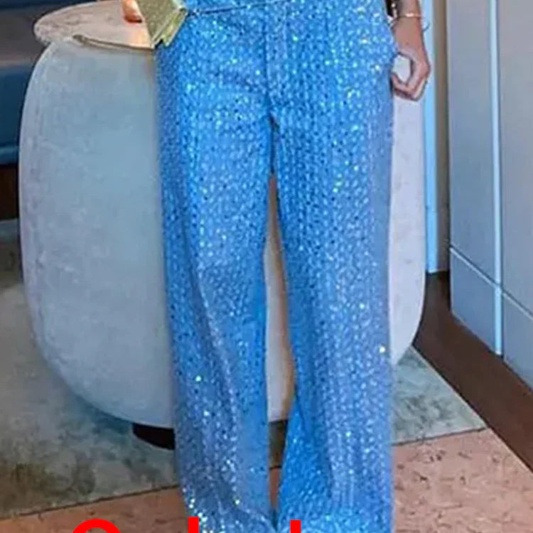 BKQU Fashion Sequins 2 Piece Pants Set Women Sexy Strapless Tank Tops and Loose Long Pants Female Luxury Party Club Chic Outfits Blue Only Pants