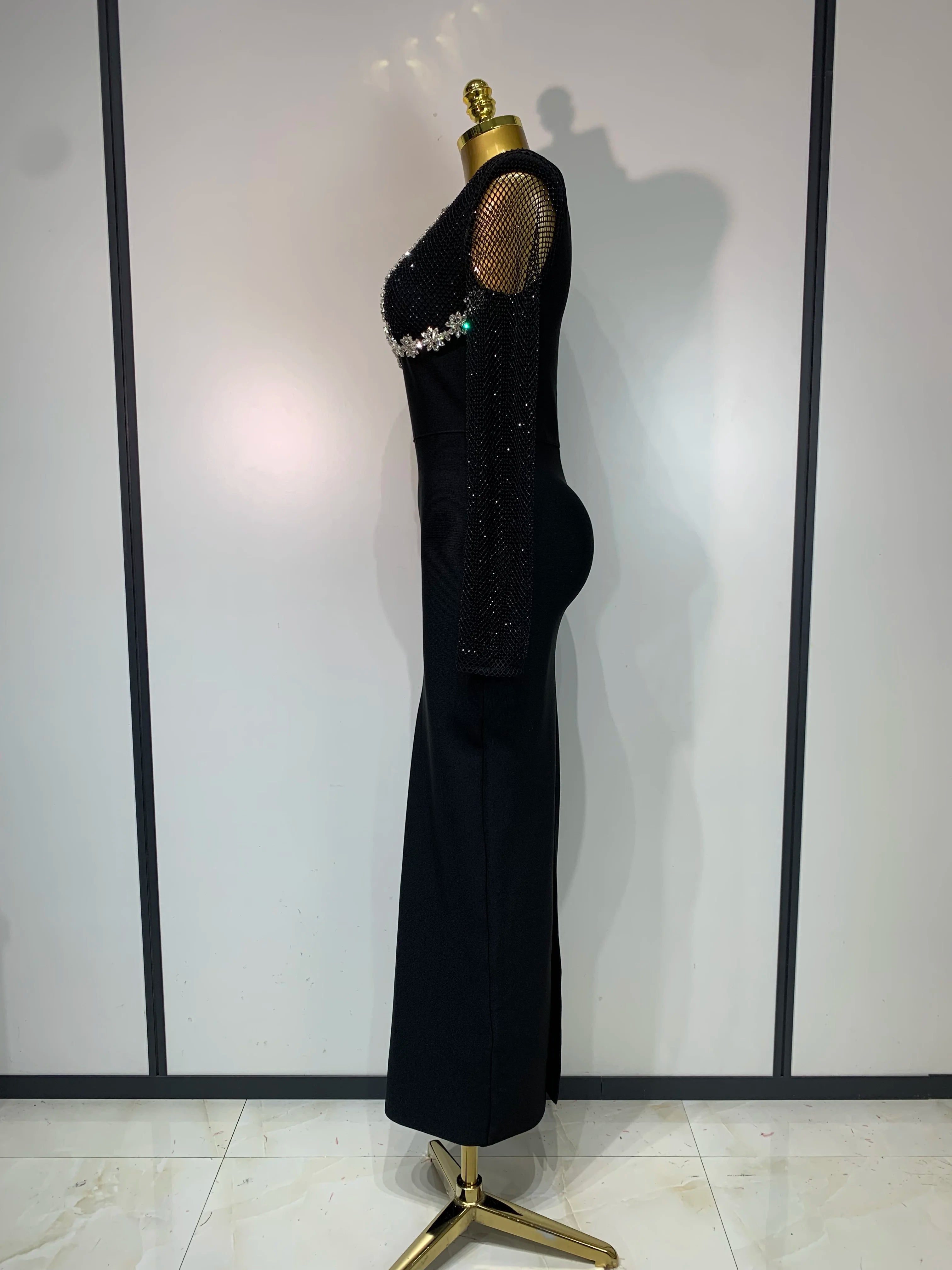 Women Sexy Long Sleeve Beading Black Maxi Long Bandage Dresses Birthday Party Celebrity Elegant Knitted Bodycon Club Dress