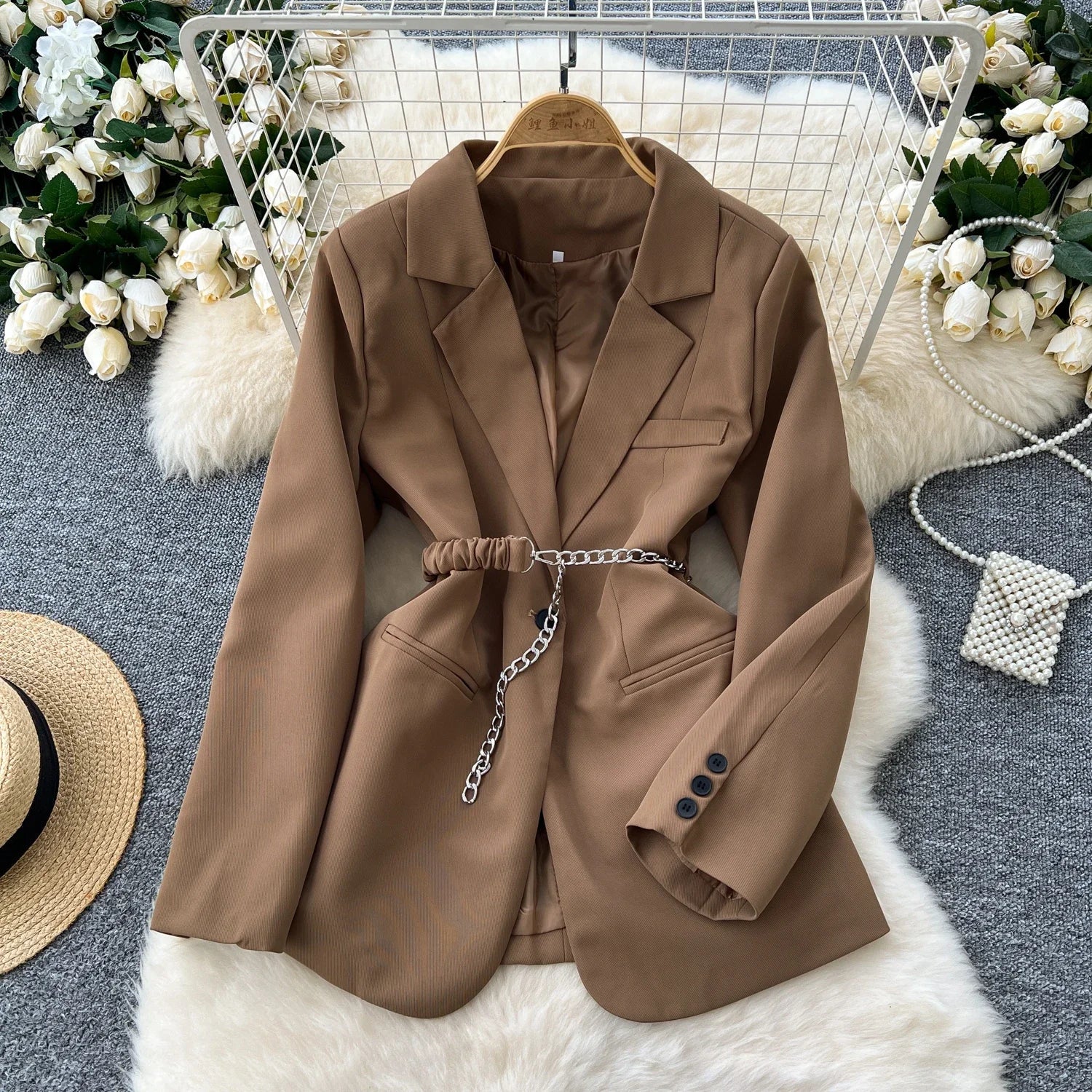 Chic Notched Collar Women Vintage Long Sleeve Slim Button Sashes Suit French Fashion Office Lady High Street Autumn Elegant Top Coffee