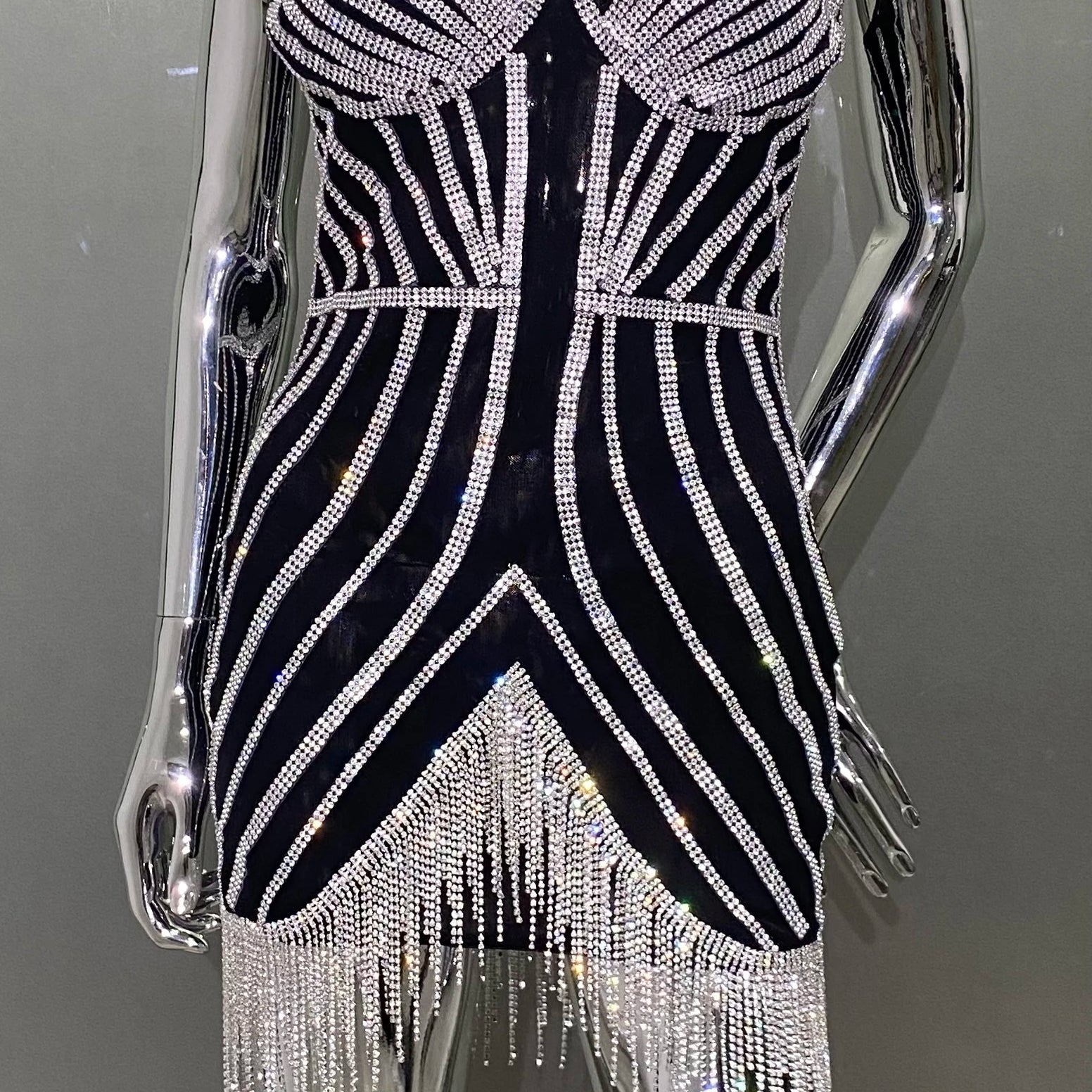 Luxury Shining Diamonds Tassel Strapless Mini Dress Celebrity Birthday Party Evening Dress Stage Performance Costume black