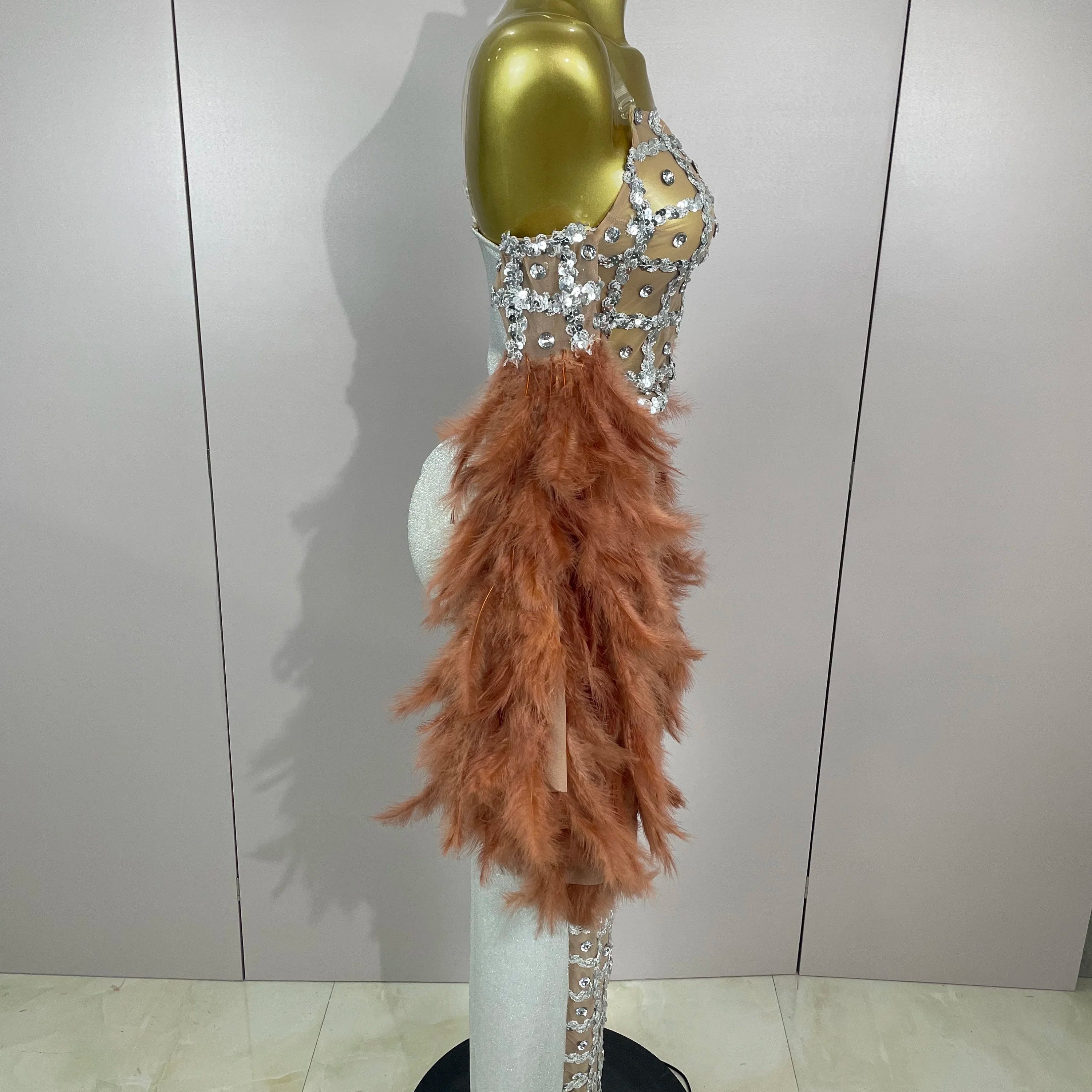 Luxury Sparkling Diamond Feather Mesh Tight Sexy Mesh Long Dress 2025 Women Birthday Party Nightclub Stage Performance Costume