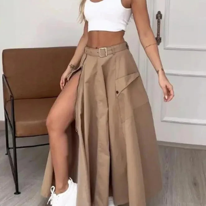 Women Fashion Pocket Front Zipper Slit Slim High Waist Maxi Skirt Streetwear Casual Safari Solid Long Skirts Khaki