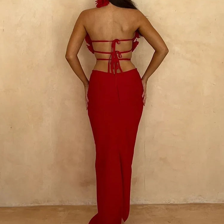 Women Celebrity Sexy Halter Key Hole Backless Red Flower Maxi Long Bandage Bodycon Dress 2025 Elegant Evening Club Party Outfit