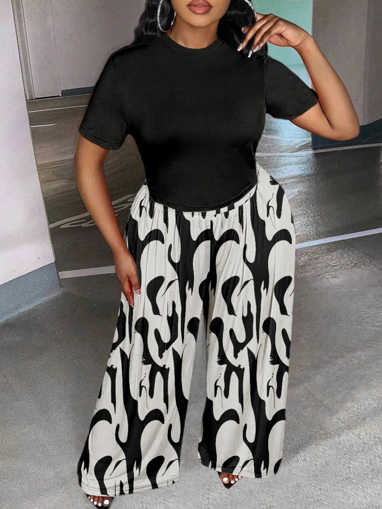 LW Plus Size Two pieces sets Round Neck Print Wide Leg Pants Set short sleeve T-shirt + loose pants suit casual women's matching