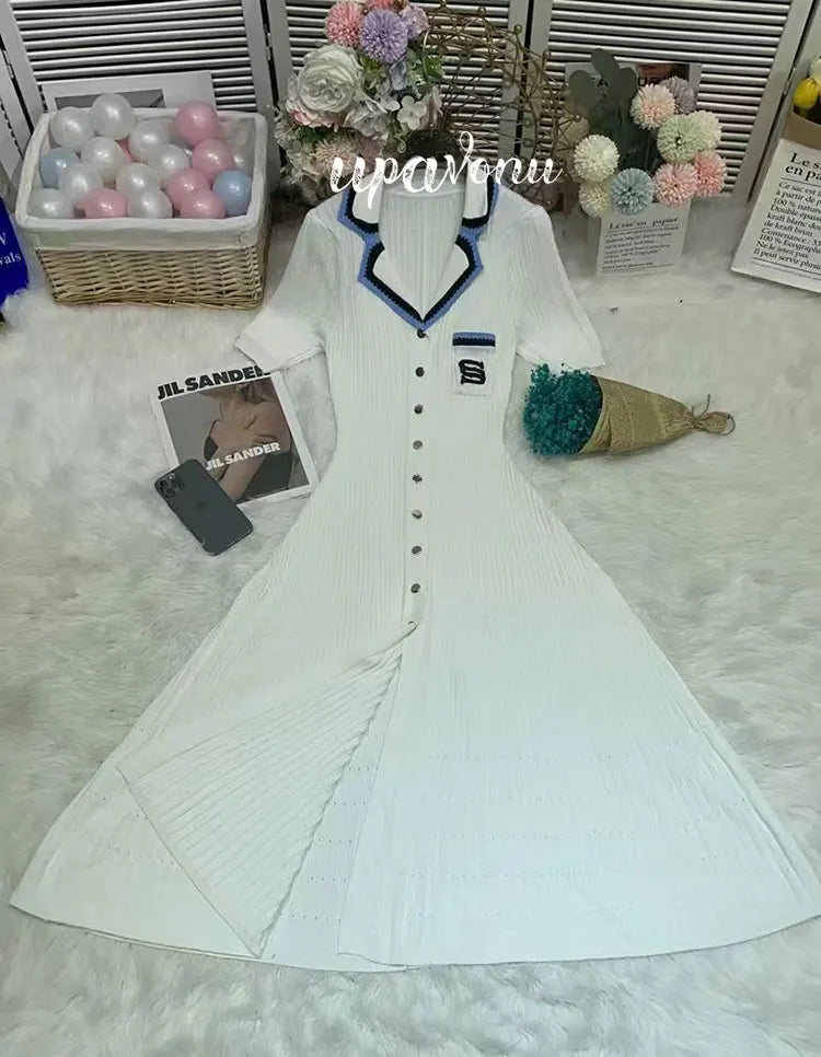 Elegant Women's Slim Fit Knitted Dress Fashionable Polo Neck Short Sleeve Single breasted Design Split Knitted Mid length Dress WHITE