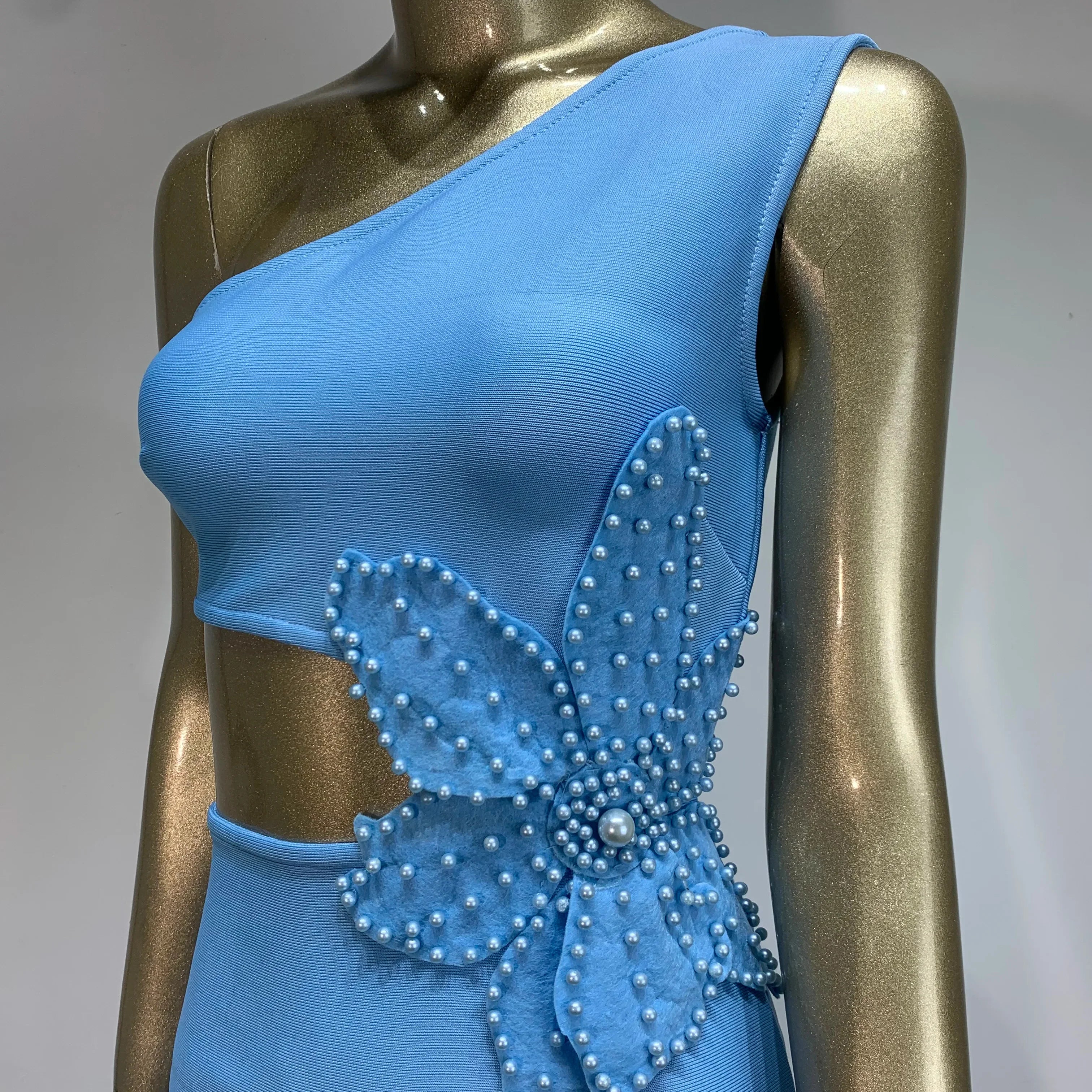 Bandage Dress Women Celebrity Sexy One Shoulder Cut Out Sky Blue Flower Midi Bodycon Elegant Evening Club Party Dress