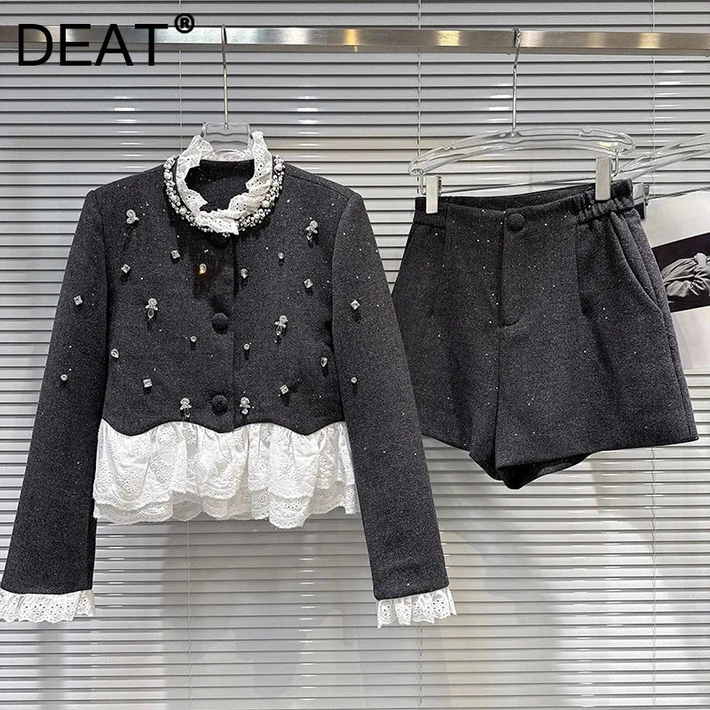 Winter New Fashion Style Handmade Beaded Cotton Lined Short Coat Woolen Shorts Two-pieces Set For Women 11A07555
