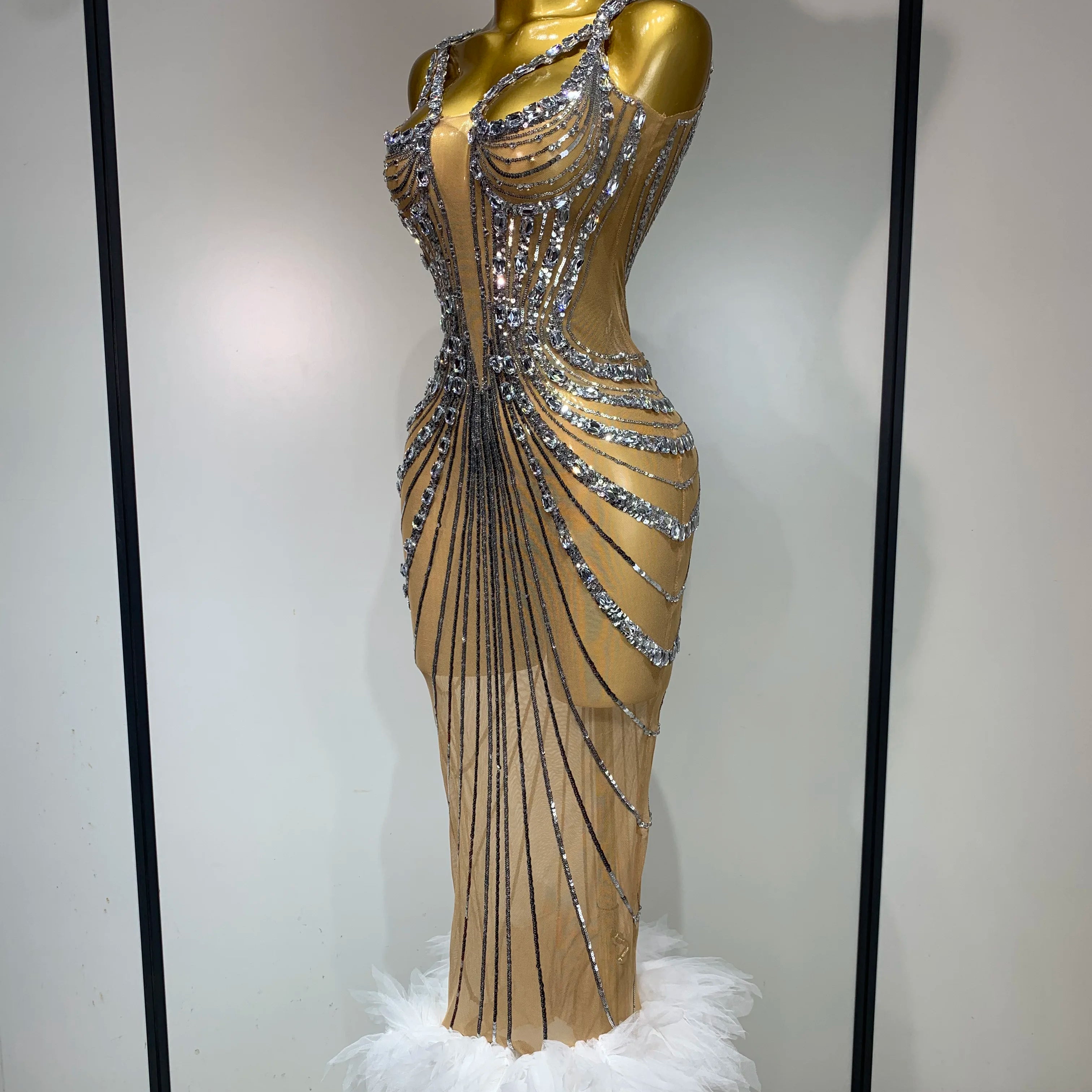 2025 Luxury Sexy Silver Rhinestone White Mesh See Through Long Dress Women Birthday Party Prom Gown Singer Nightclub Outfit