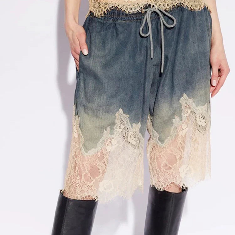 Spliced Lace Denim Two Piece Set For Women V Neck Sleevelss Top High Waist Knee Length Pant Streetwear Sets Female