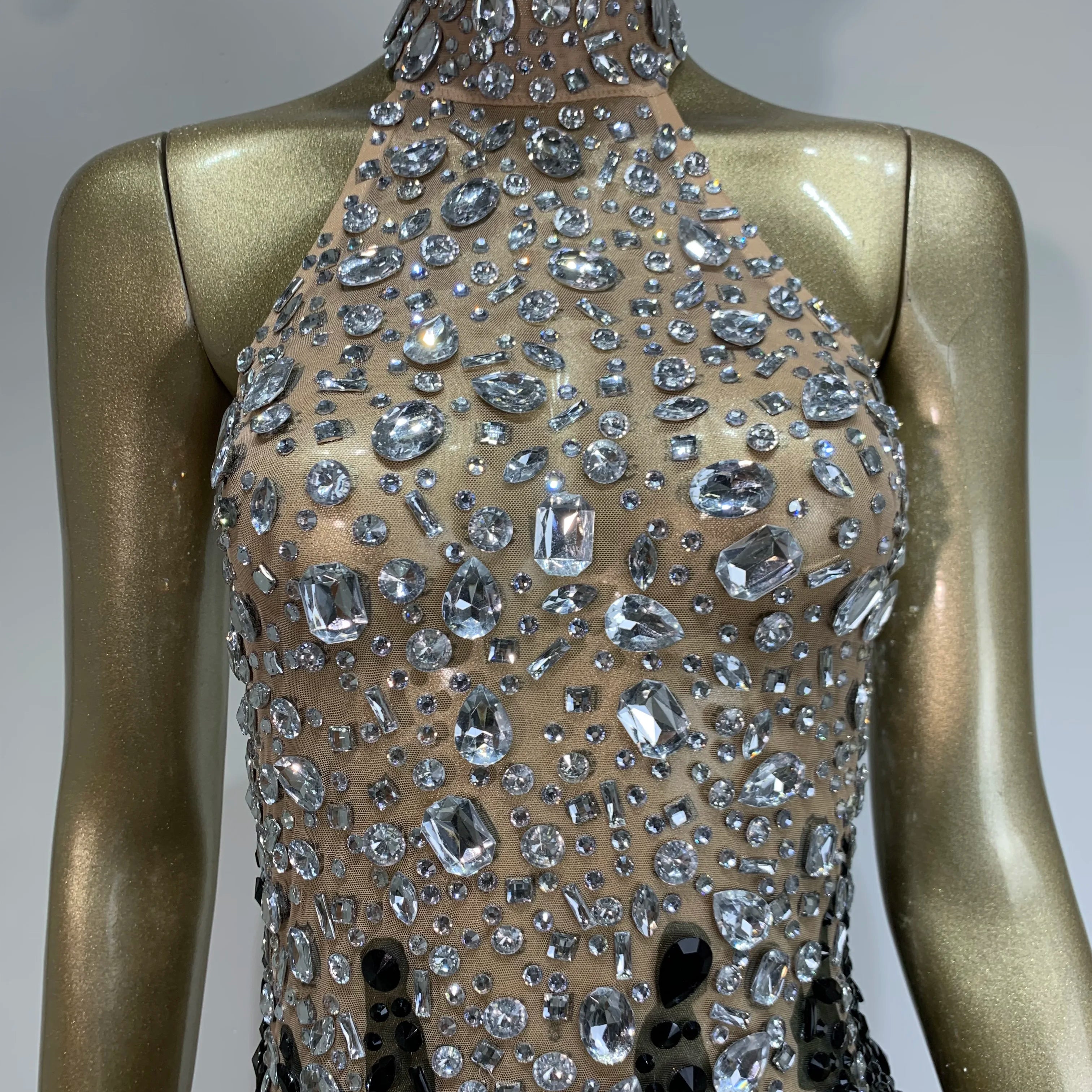 Women Sexy Backless Halter Crystal Diamonds Patchwork Mini Dress Birthday Party Costume Bar Nightclub Stage Performance Dress