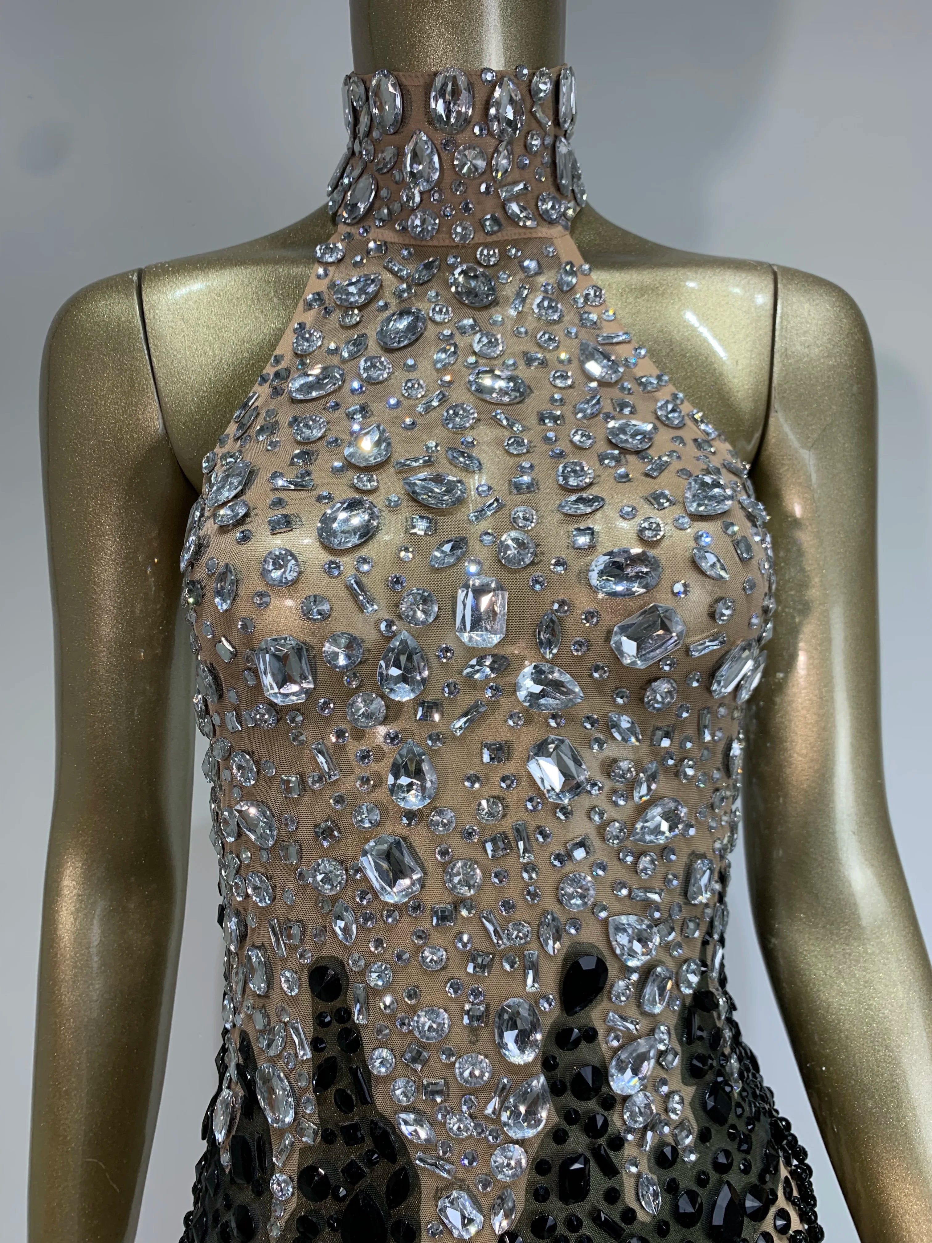 Women Sexy Backless Halter Crystal Diamonds Patchwork Mini Dress Birthday Party Costume Bar Nightclub Stage Performance Dress