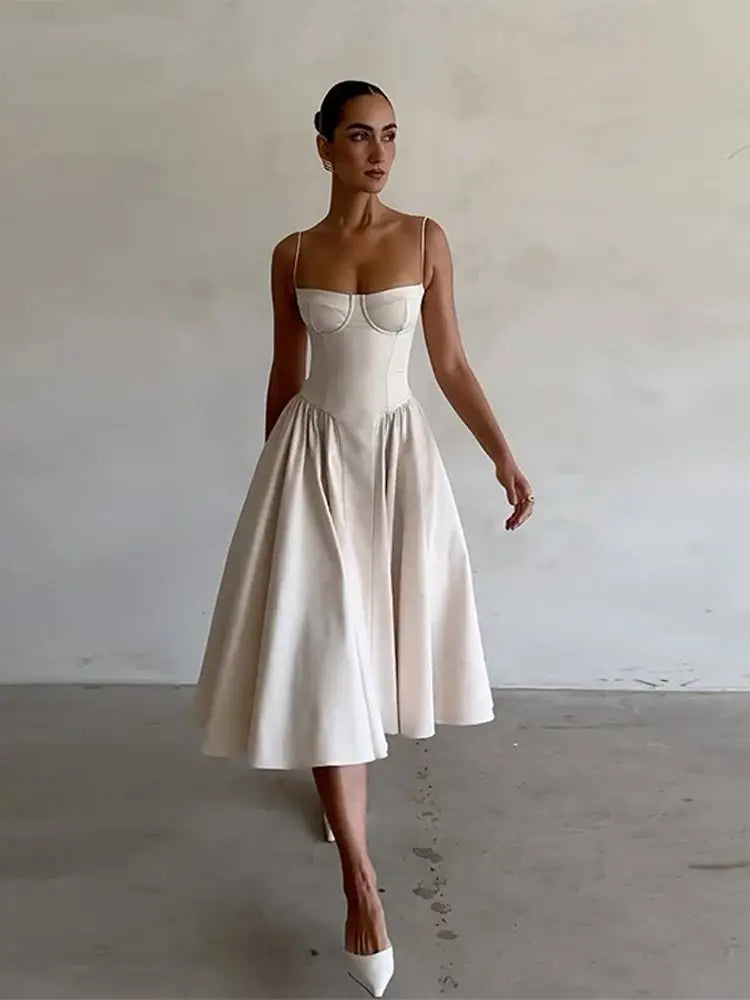 Women Sexy Solid Sling Midi Dress Fashion Sleeveless Backless Pleated Hem Dresses Summer Female Party Evening A-line Robes